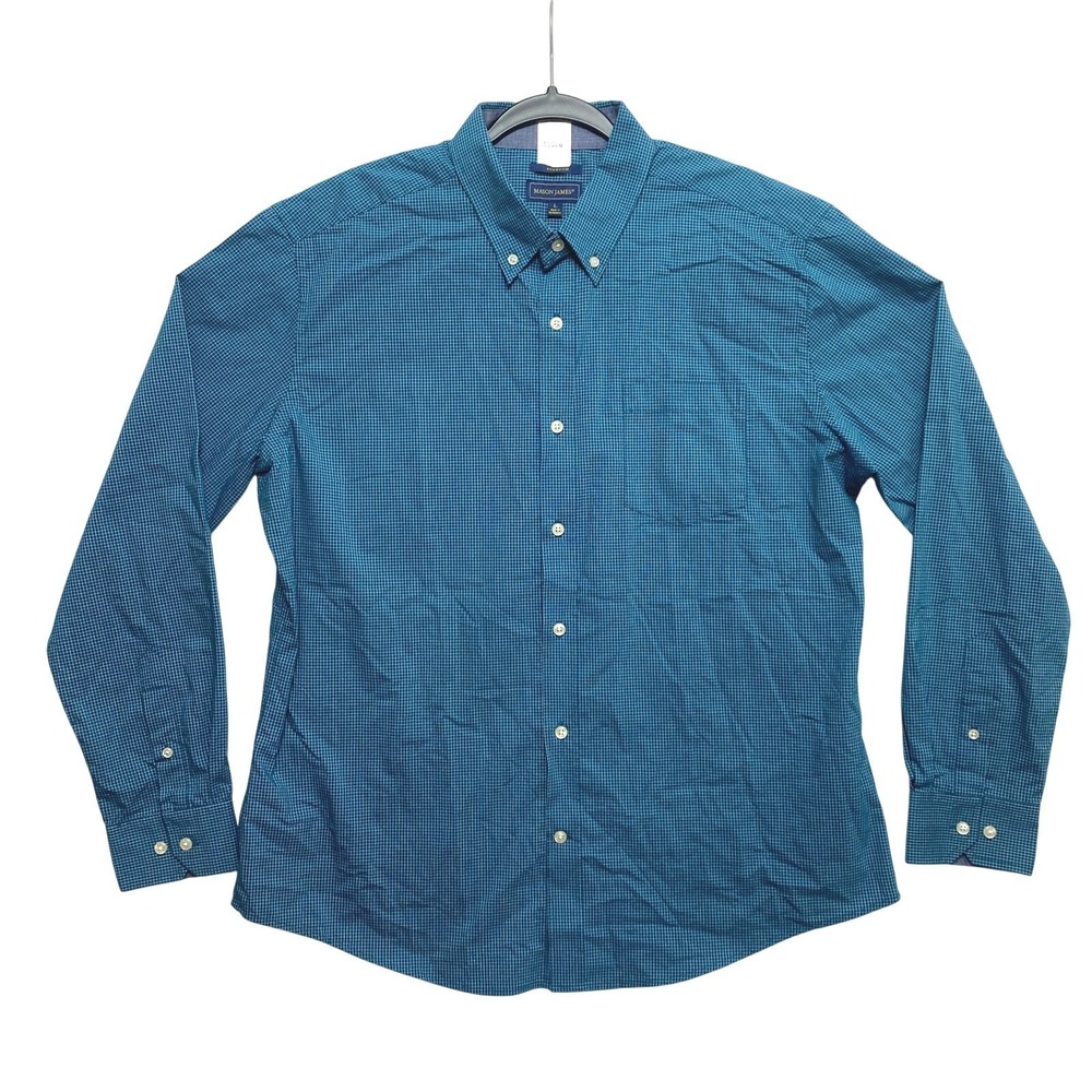 Mason James Shirt Mens Large Teal Blue Micro Check Stretch Button Down